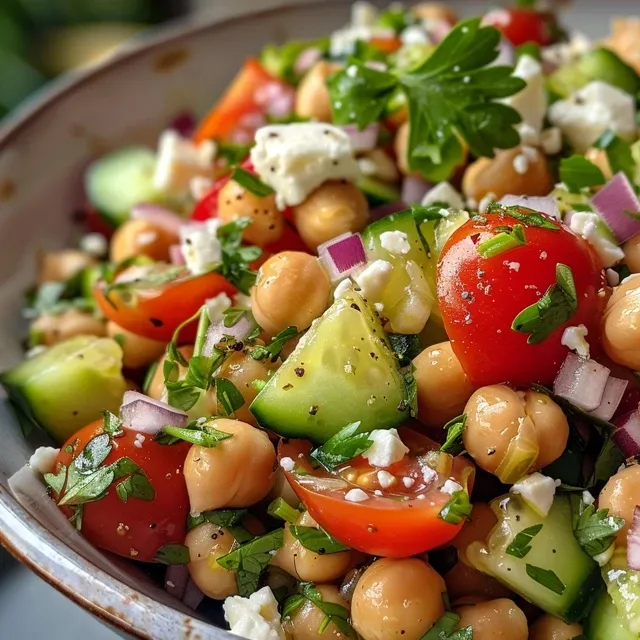 Chickpea Cheer: A Vibrant Mediterranean Salad to Brighten Your Day A close-up view of a colorful Mediterranean Chickpea Salad filled with various fresh ingredients.