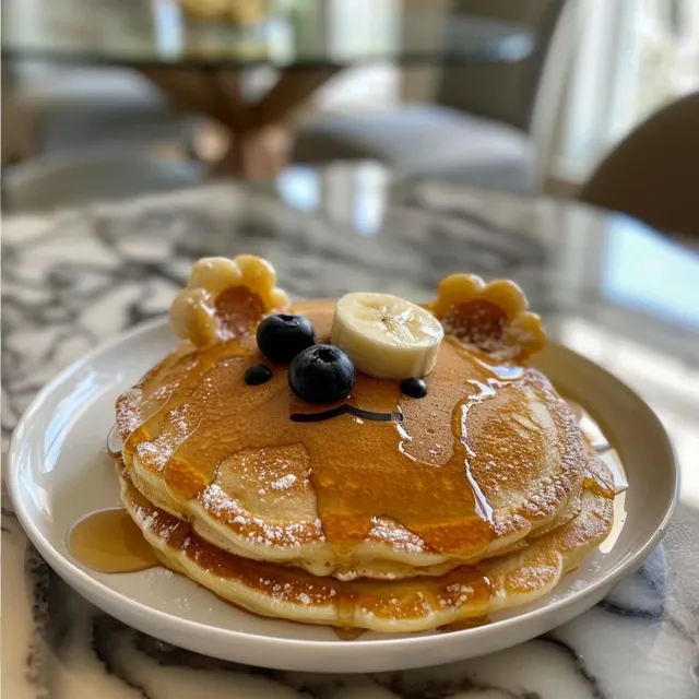 Bear-shaped gluten-free pancake with banana rounds and blueberries on a plate.