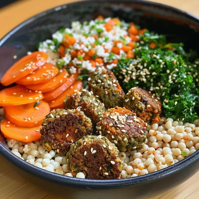 Side view of a Winter Buddha Bowl showcasing layers of kale, carrots, and beet, topped with seeds.