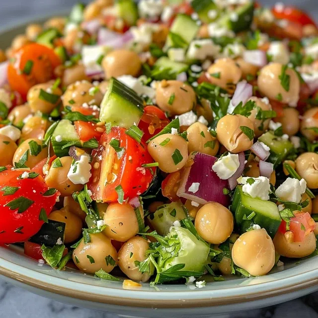 Side photo of a vibrant Mediterranean Chickpea Salad showcasing chickpeas, tomatoes, and feta cheese.