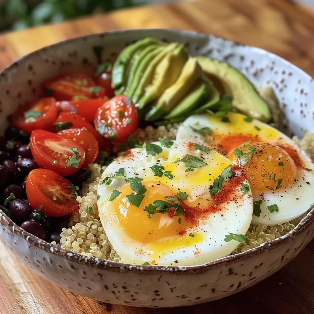 A vibrant protein breakfast bowl with cooked quinoa, sliced avocado, and a sunny-side-up egg.