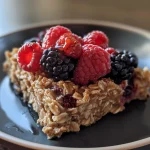 Close-up view of baked oatmeal topped with colorful mixed berries.