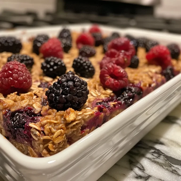 A close-up view of a bowl of Berry Baked Oatmeal, showcasing vibrant mixed berries.