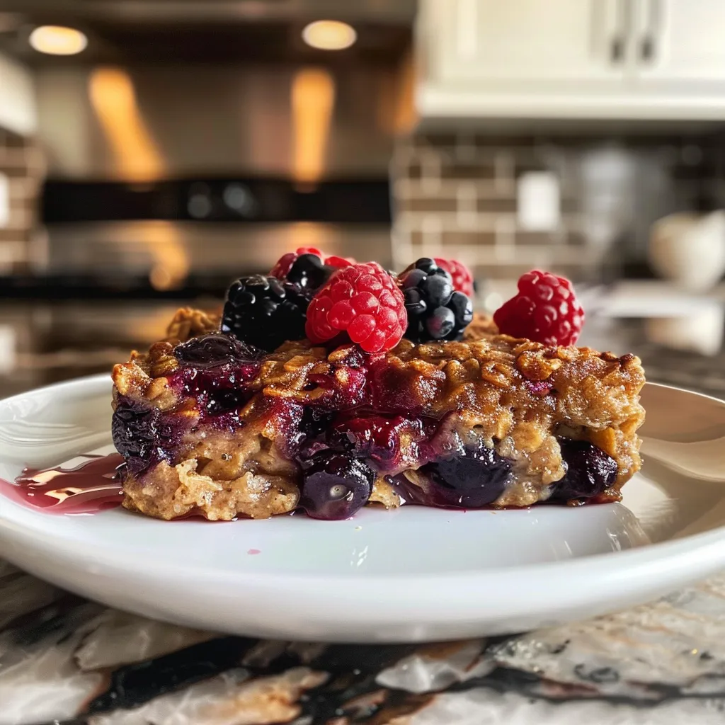Side angle of a warm Berry Baked Oatmeal dish with colorful berries and a golden crust.