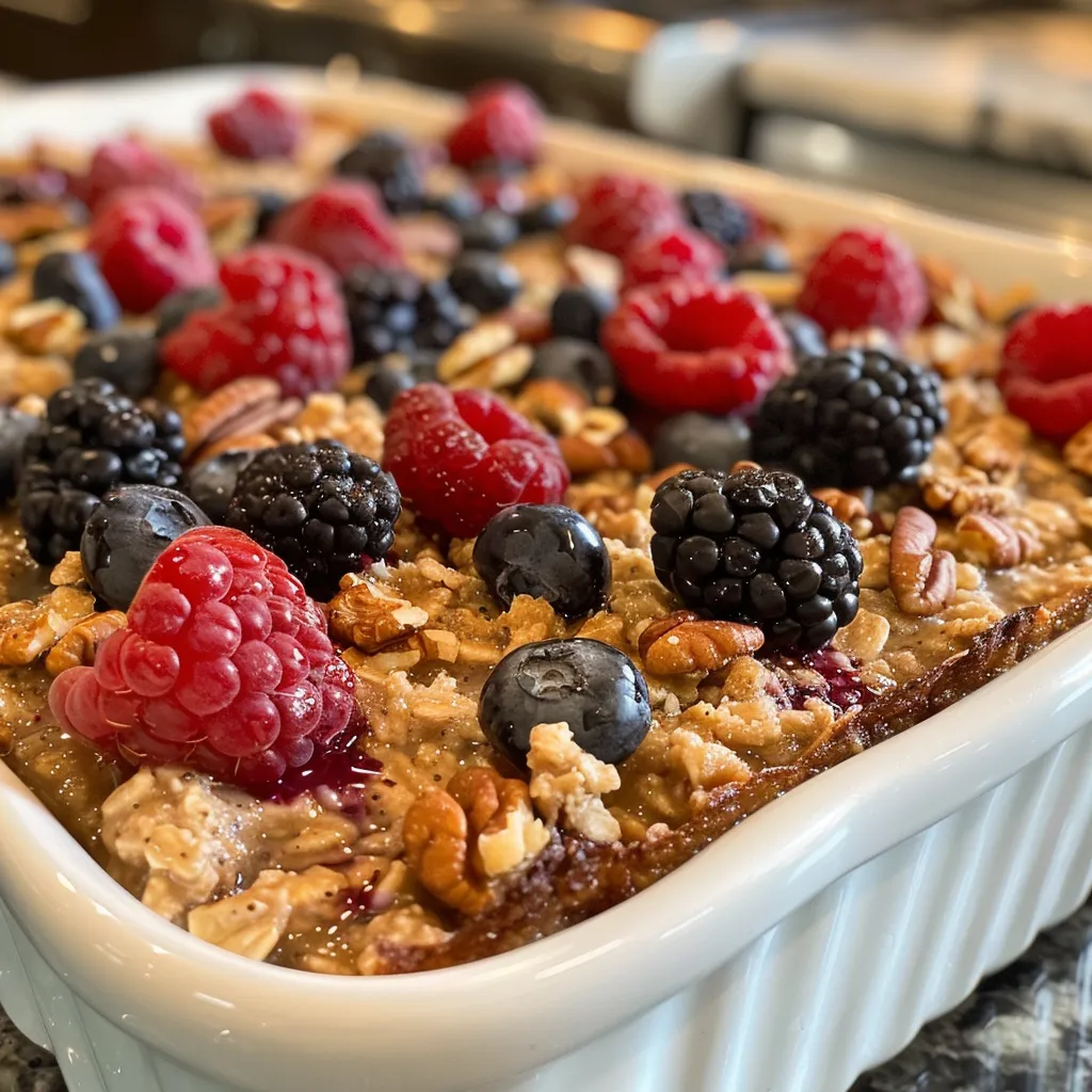 Juicy berry oatmeal bake with a golden crust and colorful berries on top.