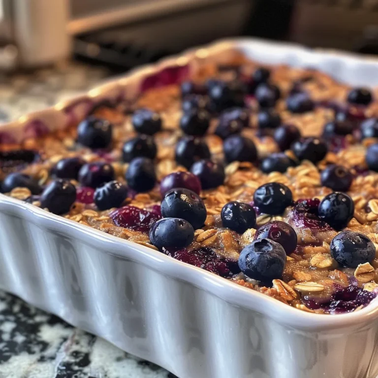 A close-up view of a serving of Blueberry Baked Oatmeal with fresh blueberries on top.