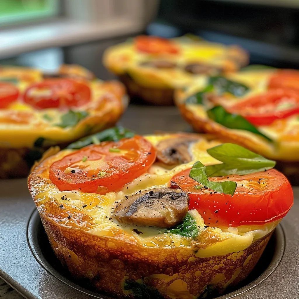 Side view of freshly baked egg muffins filled with chopped veggies and meat.