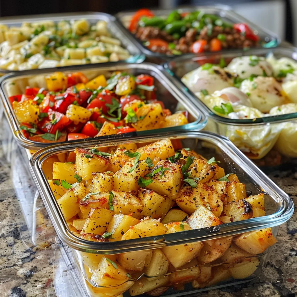 Side-angle photo of a hearty breakfast meal prep bowl with diced bell peppers and eggs.
