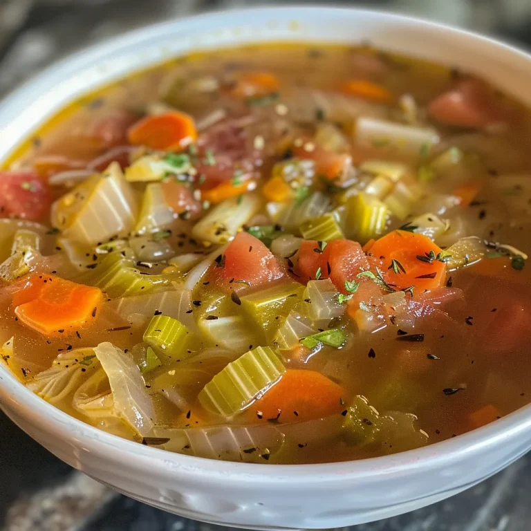 Close-up of a bowl of vibrant cabbage soup with various vegetables.