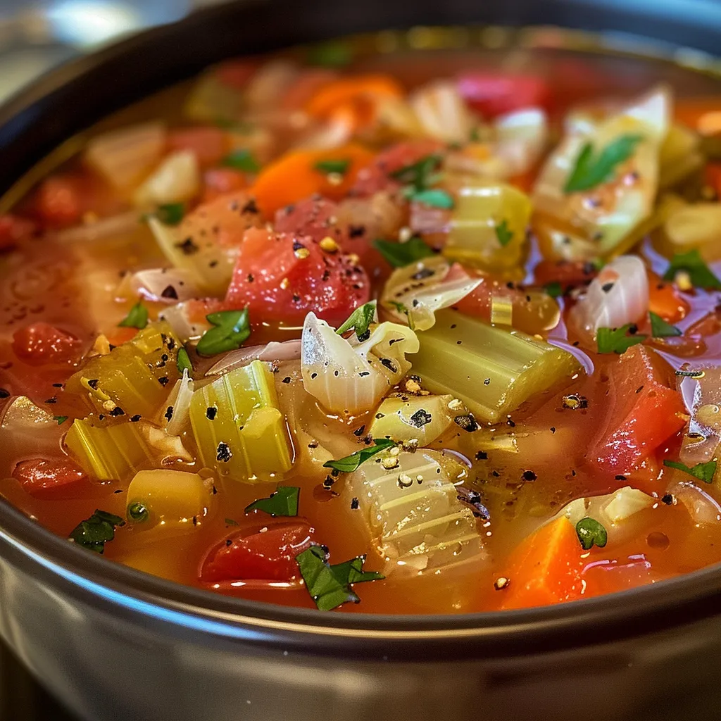 A side view of hearty Fat-burning Cabbage Soup filled with green cabbage and fresh ingredients.