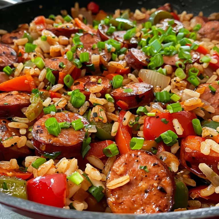 One-Pan Cajun Sausage and Rice: A Flavorful Journey in 30 Minutes Close-up of a Cajun sausage and rice skillet, showcasing sliced sausage and colorful bell peppers.