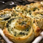 Close-up view of cheesy spinach pinwheels with a golden, flaky crust.