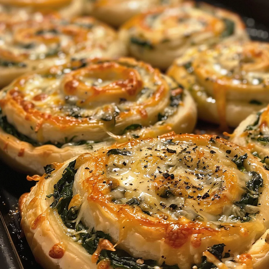 Side angle of freshly baked cheese and spinach pinwheels, revealing a gooey filling.