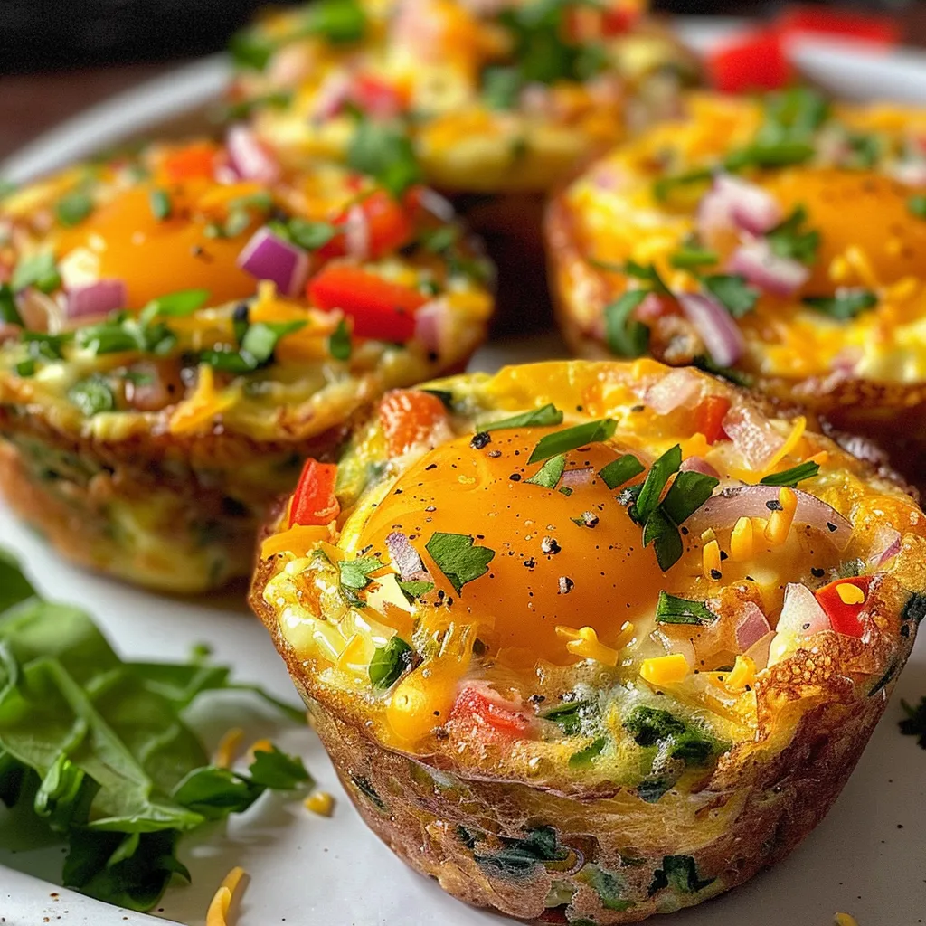 Side view of fluffy egg muffins showcasing vibrant veggies and melted cheese.