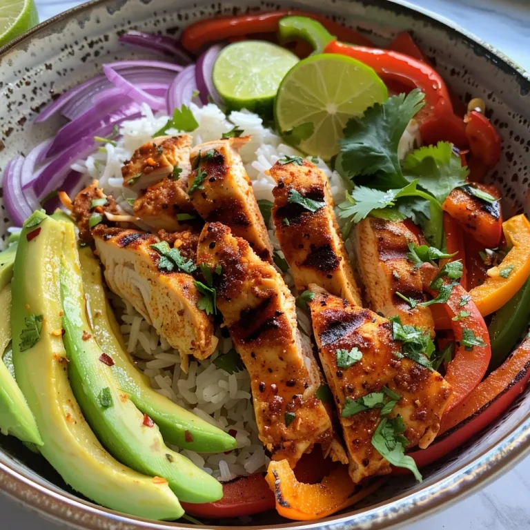 Close-up of Chicken Fajita Meal Prep Bowl with rice, chicken strips, and colorful vegetables.