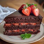 A close-up side view of a chocolate cake with vibrant strawberry filling peeking out, garnished with fresh mint.