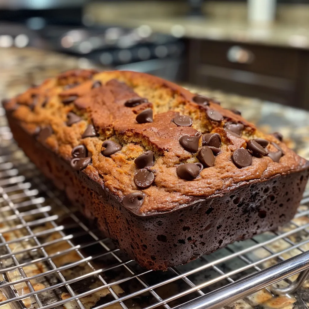 Side view of moist banana bread with melty chocolate chips and a golden crust.