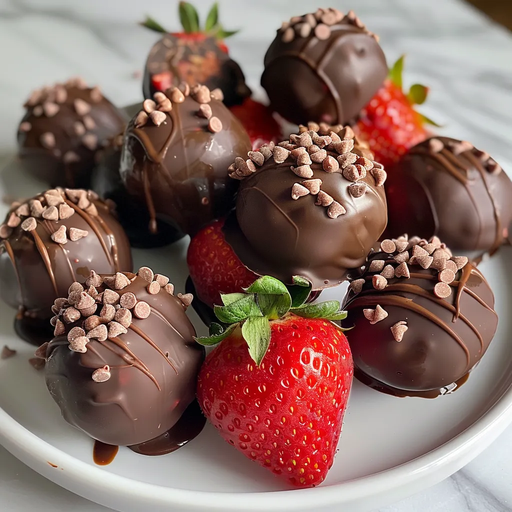 Side angle of rich chocolate-covered truffles embellished with strawberry pieces.