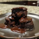Close-up view of a molten chocolate lava cake, oozing with rich chocolate filling.