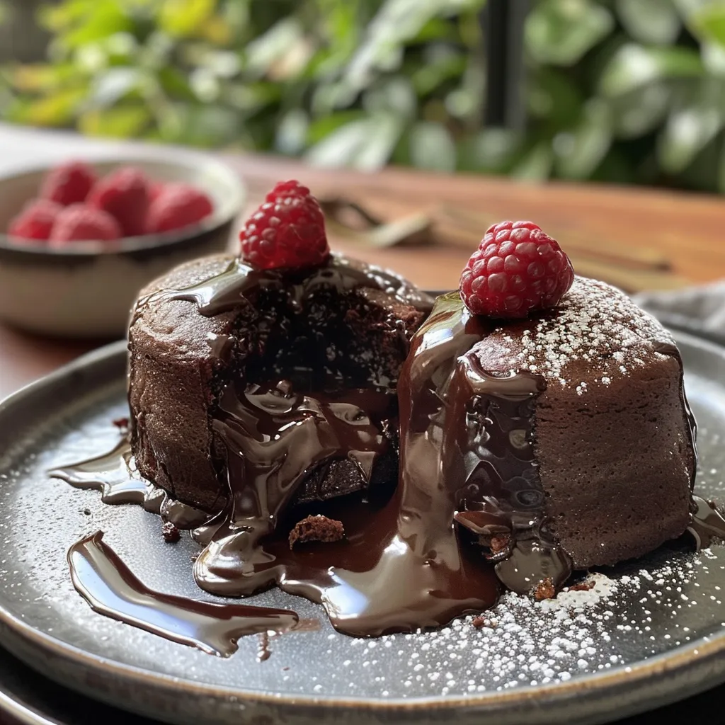 Side perspective of a decadent chocolate lava cake, with melted chocolate cascading from the center.