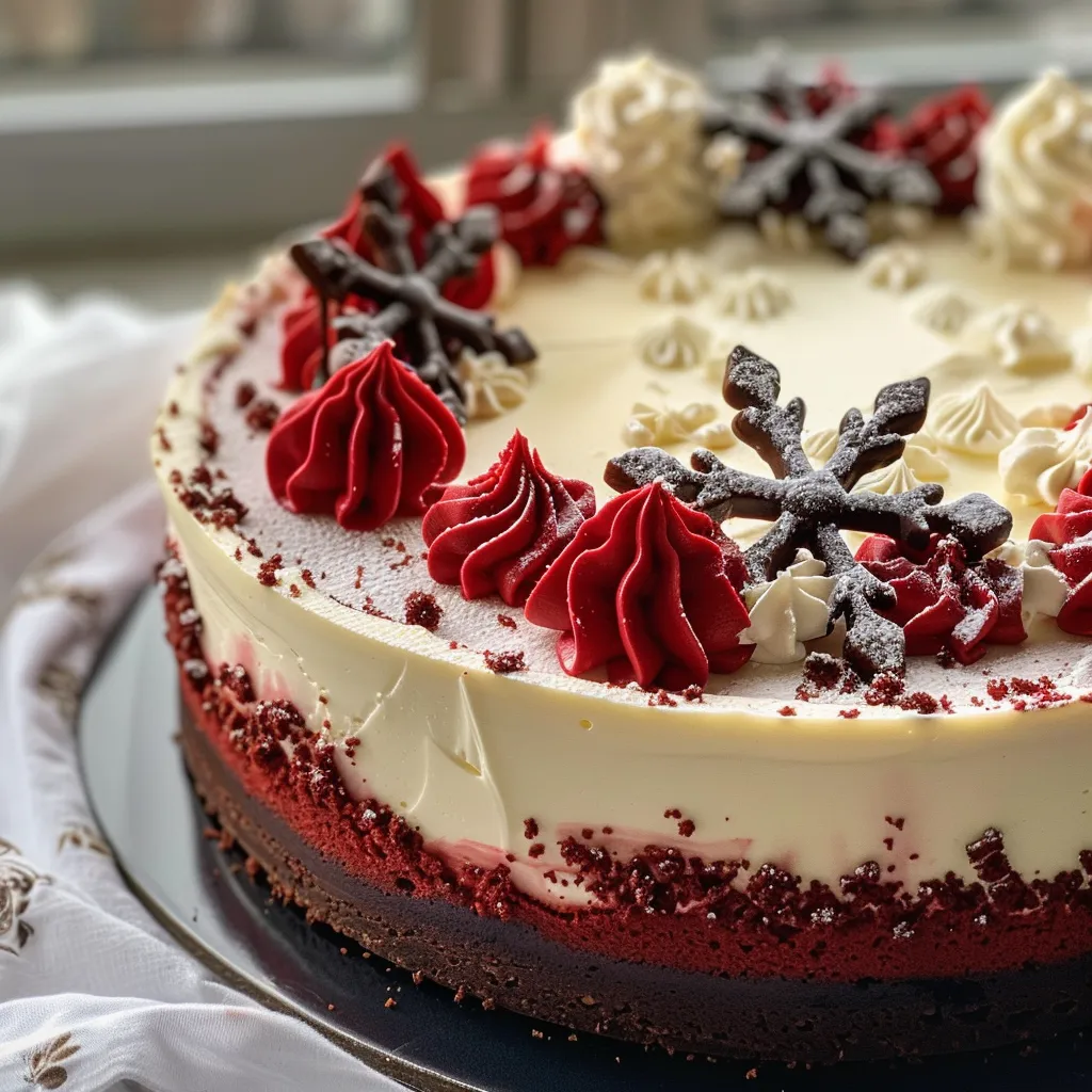 Rich, creamy Red Velvet Cheesecake with vibrant red layers and white frosting detail.