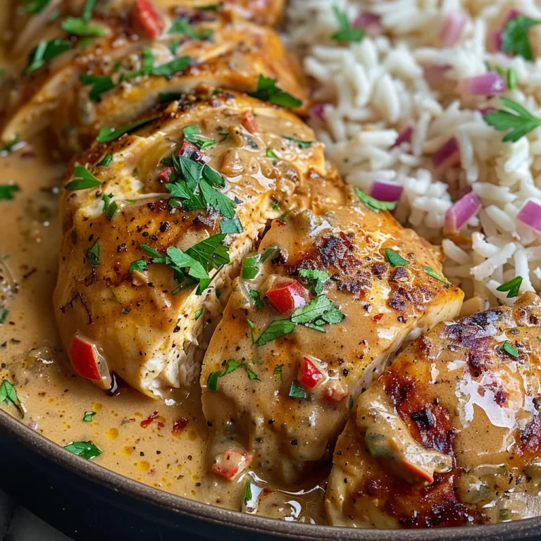 Close-up of creamy Cajun chicken on a plate with garlic rice.