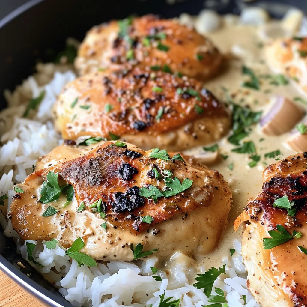 Juicy Cajun chicken served alongside fluffy garlic rice.