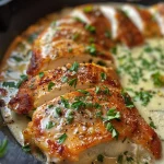 Close-up of juicy creamy garlic Parmesan chicken garnished with herbs.