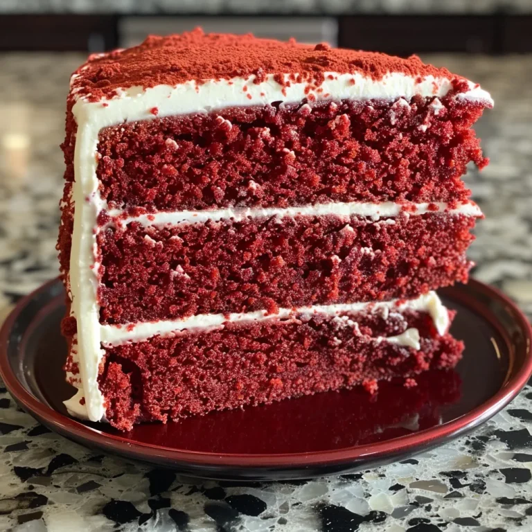 A moist slice of red velvet cake layered with cream cheese frosting.