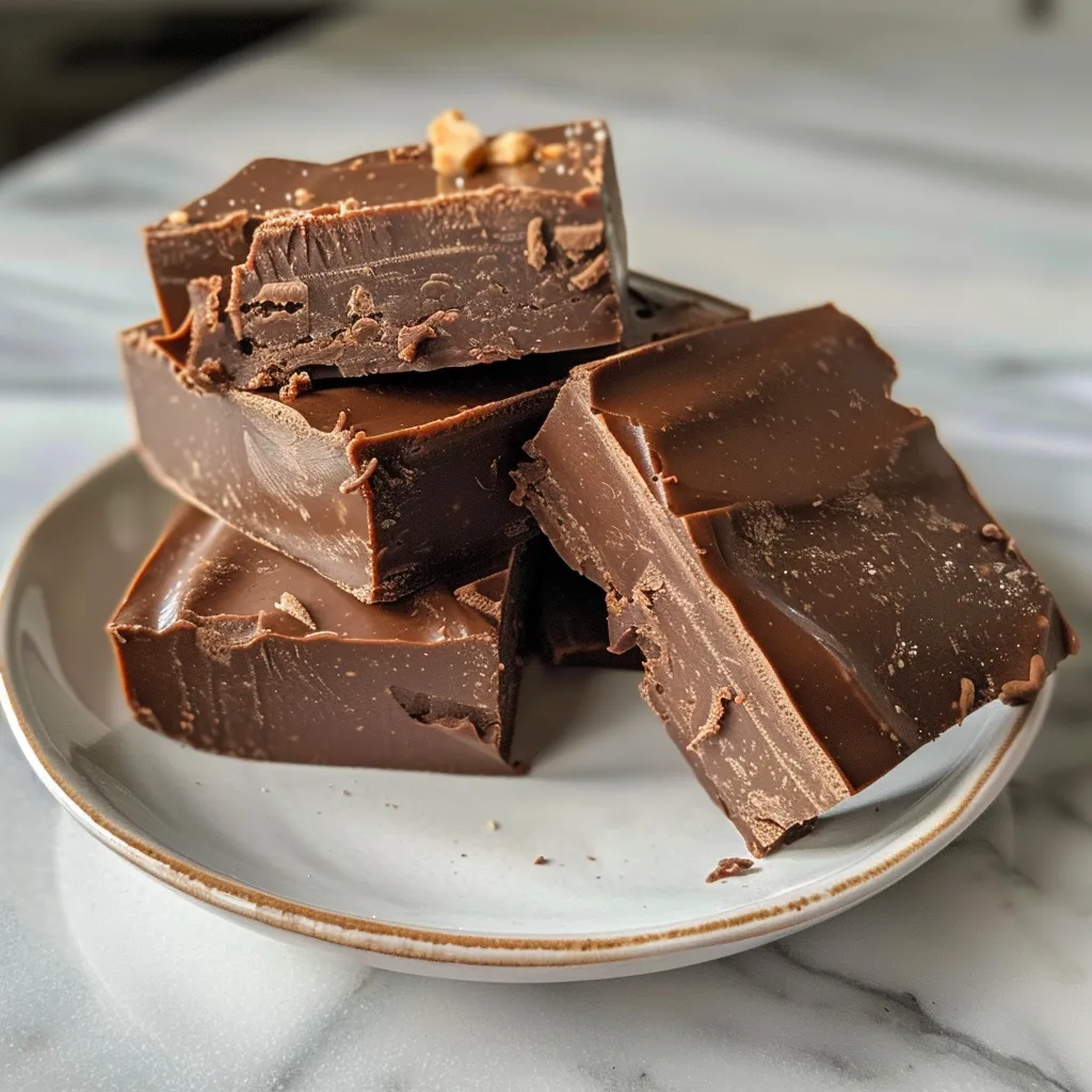 Side profile of decadent Easy Keto Fudge featuring a smooth texture and visible chocolate chips.