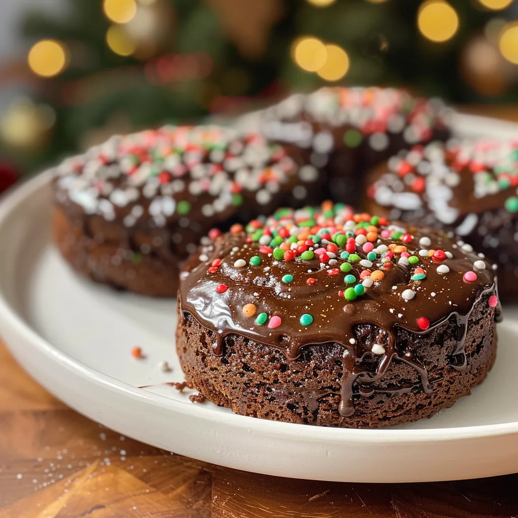 Side view of a juicy chocolate gingerbread mini cake, decorated with powdered sugar and crystallized ginger slices.