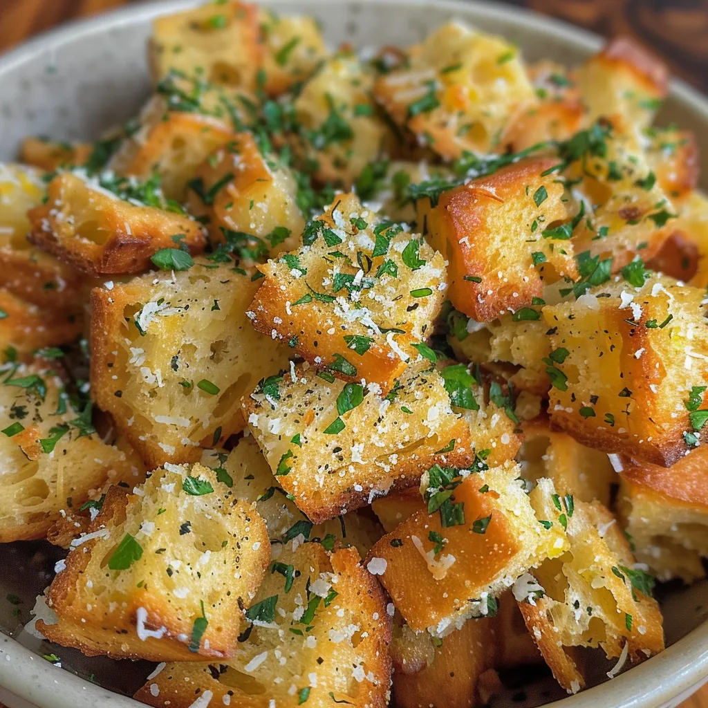 Side angle of garlic bread pieces, with melted butter glistening on top.