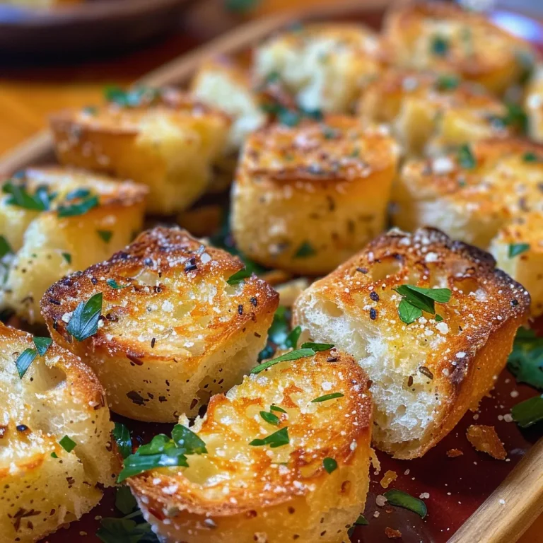 Close-up view of Golden Garlic Parmesan Bread Bites on a rustic wooden board.