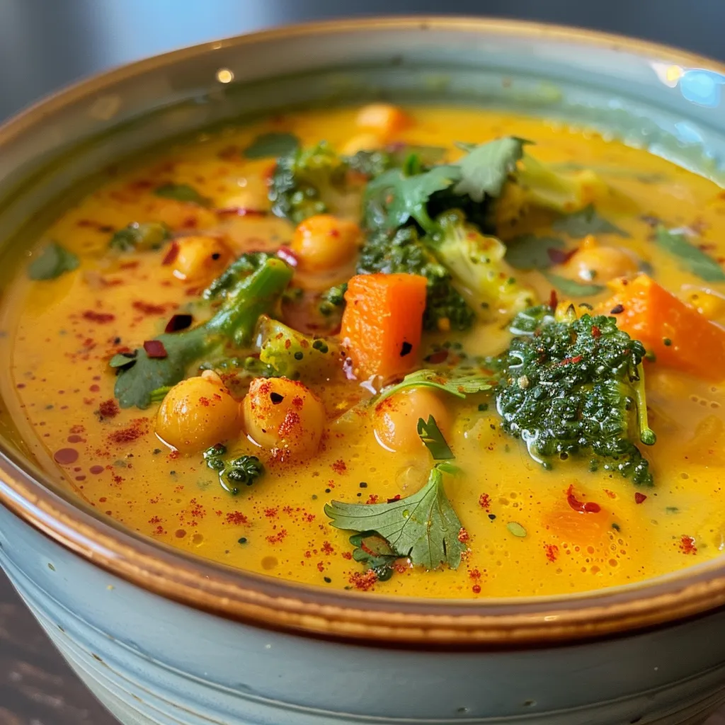 Side angle of a steaming bowl of turmeric-infused detox soup garnished with cilantro.