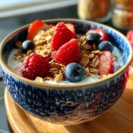 A close-up side view of a Greek yogurt breakfast bowl topped with fresh berries and granola.