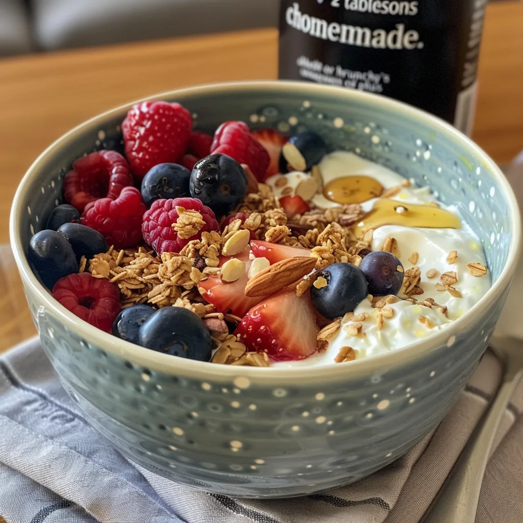 A vibrant bowl of Greek yogurt garnished with mixed berries, nuts, and a drizzle of honey.