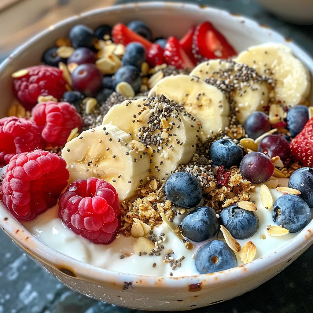A vibrant breakfast bowl featuring layers of cooked quinoa, yogurt, mixed berries, and nuts from a side angle.