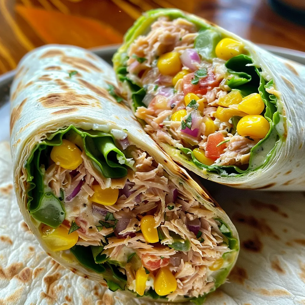 Side view of a juicy tuna melt wrap showcasing its vibrant fillings.