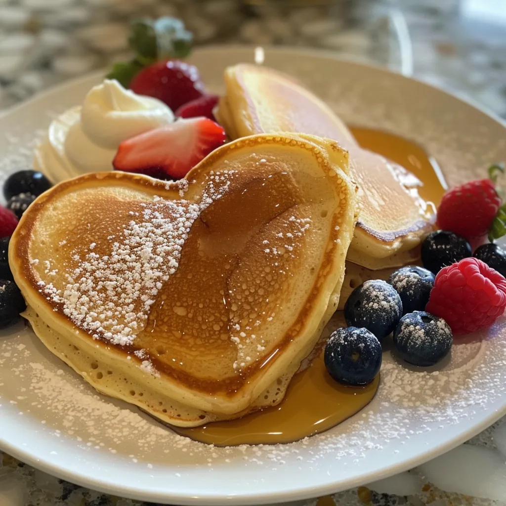 Side view of fluffy heart-shaped pancakes garnished with strawberries, blueberries, and raspberries.