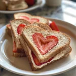 Close-up of heart-shaped tea sandwiches filled with creamy strawberry and lemon spread.