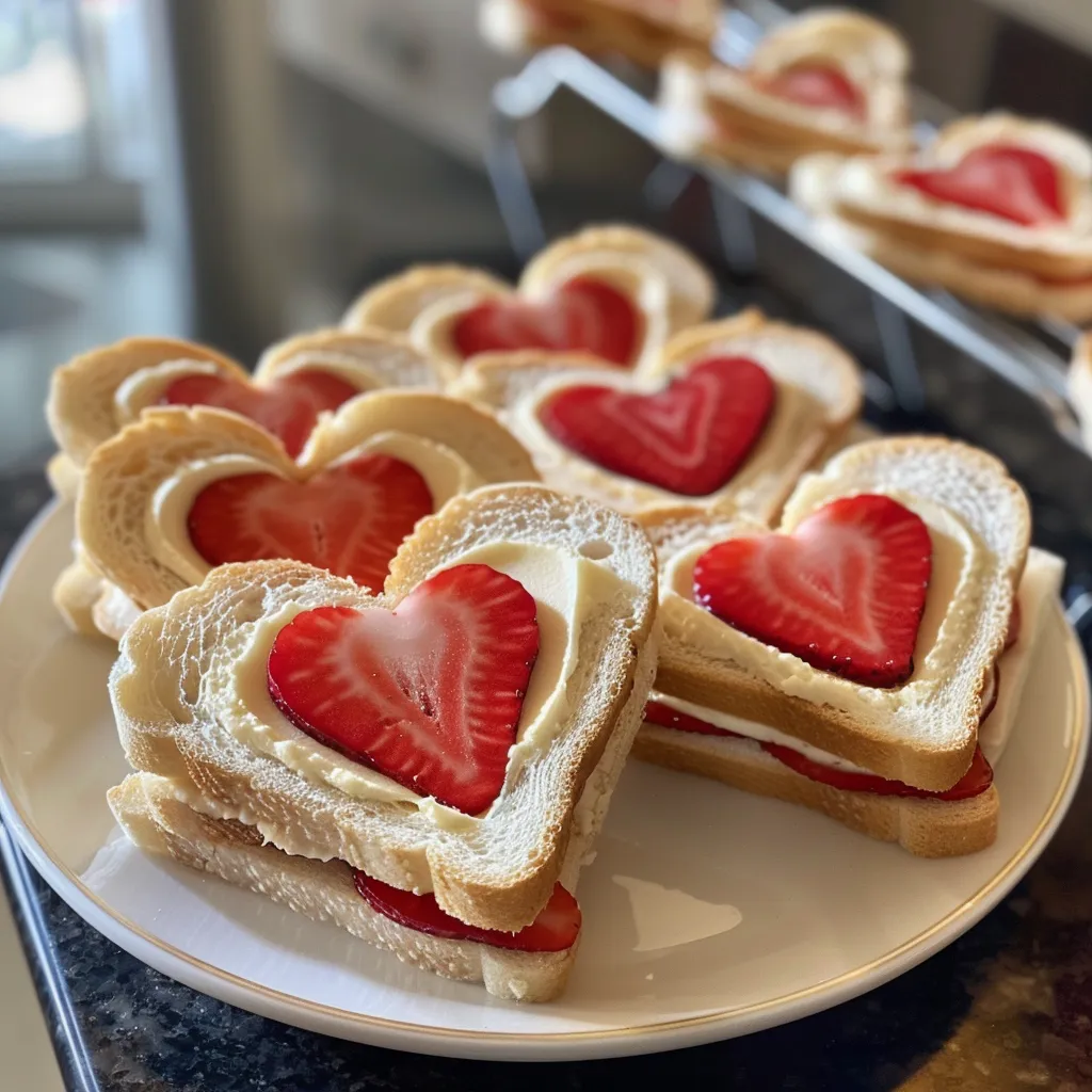Side view of delicate heart tea sandwiches adorned with vibrant pink strawberry filling.
