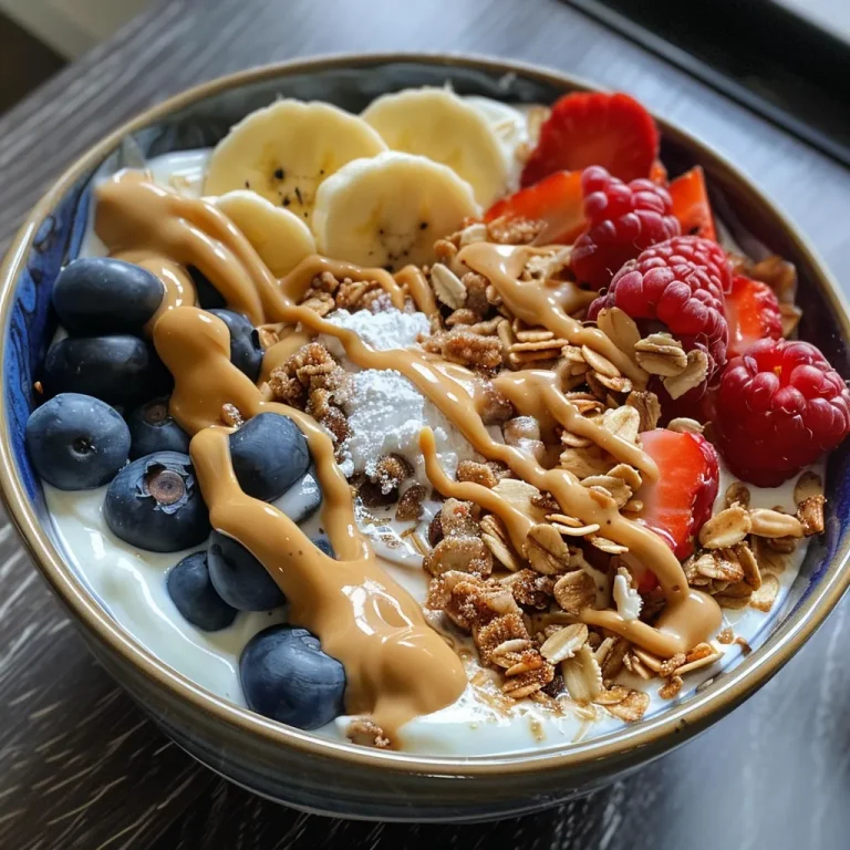 Close-up view of a high-protein breakfast bowl with Greek yogurt and banana.