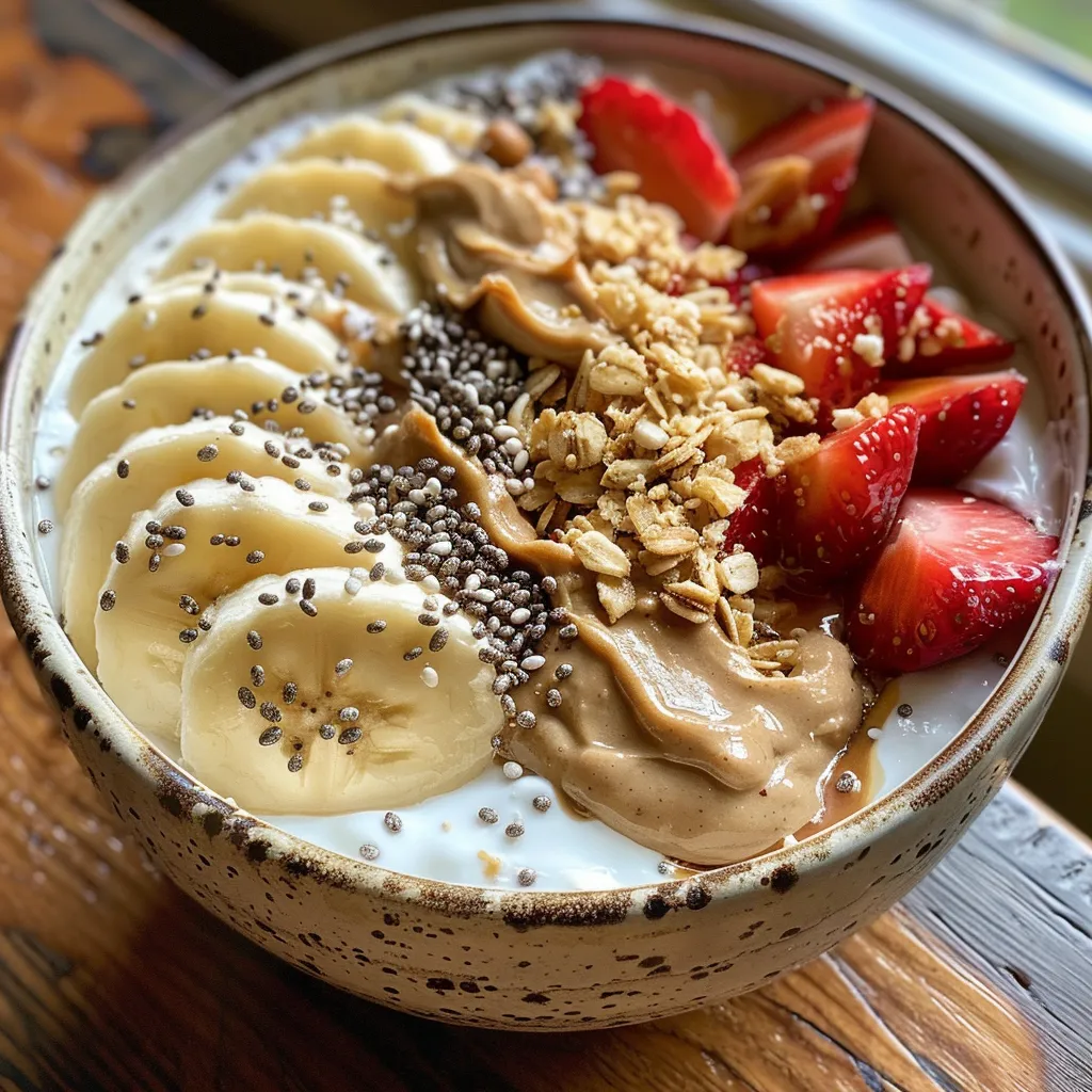 Side angle of a colorful breakfast bowl featuring Greek yogurt and peanut butter.