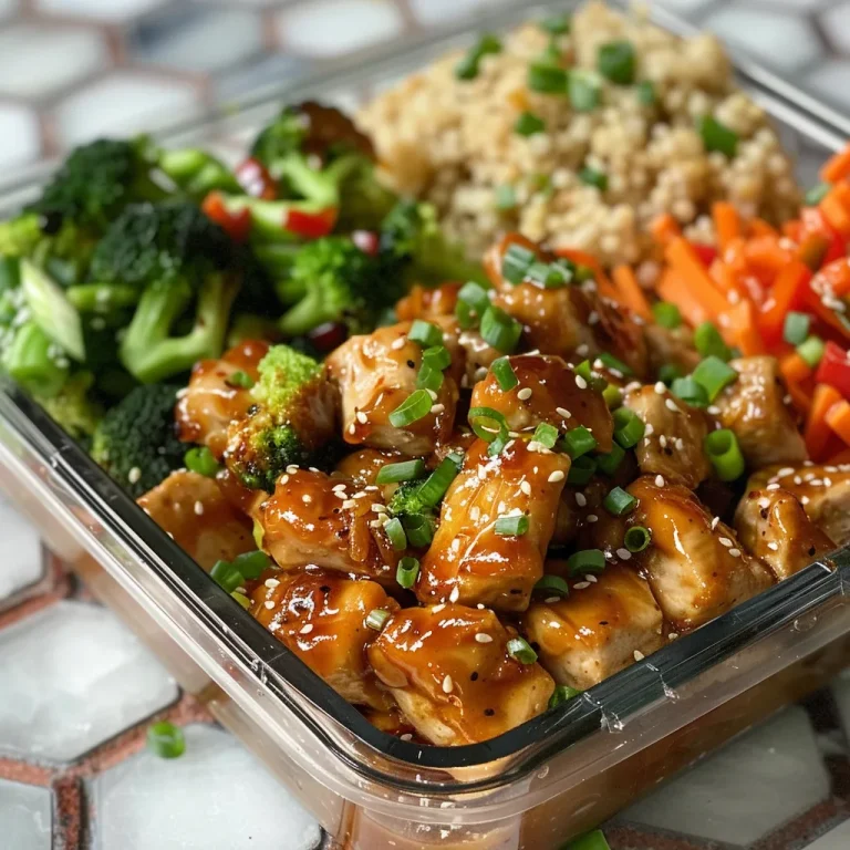 Close-up view of meal prep bowl featuring honey garlic chicken, broccoli, red bell pepper, and shredded carrots.