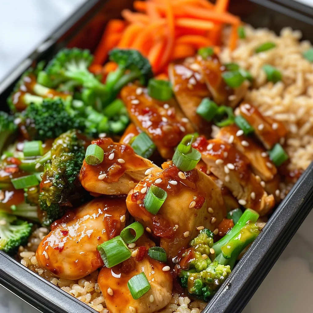 Juicy honey garlic chicken served with colorful vegetables and brown rice in a meal prep container.