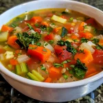 Close-up of a bowl of colorful vegetable soup with various ingredients visible.