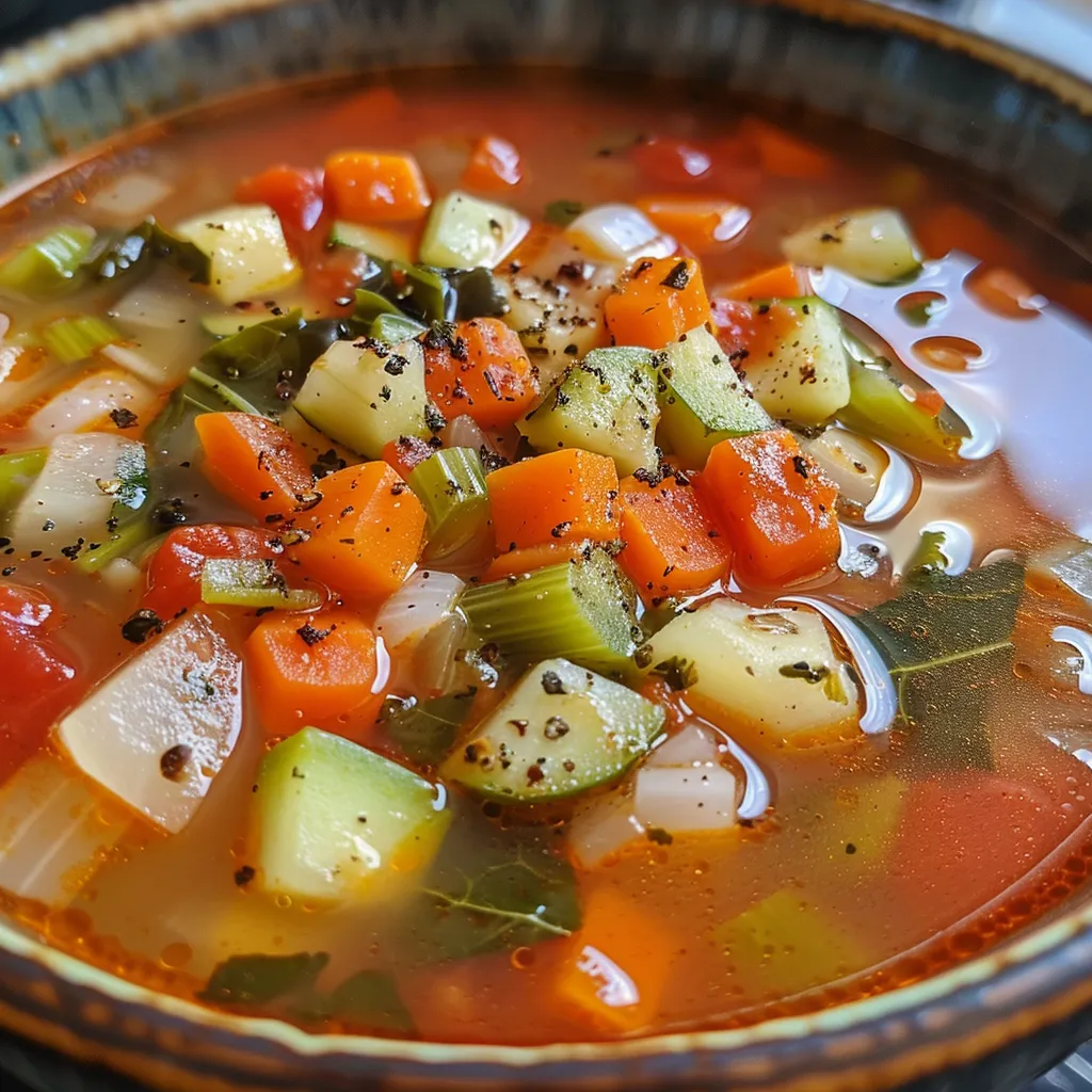 Side view of a steaming bowl of detox vegetable soup filled with fresh vegetables.