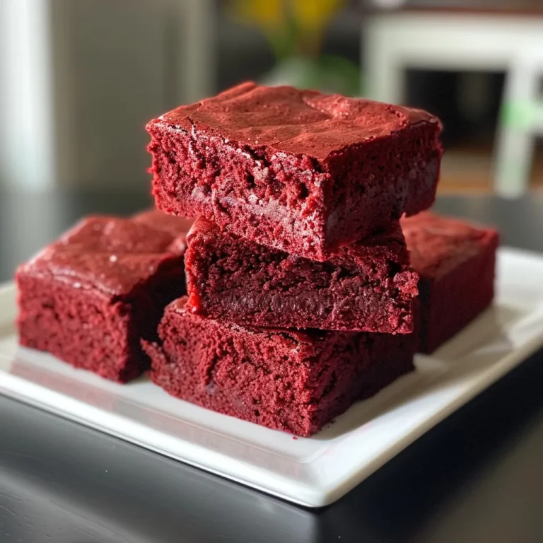 Close-up side view of Keto Red Velvet Brownies, showcasing their rich texture and vibrant color.