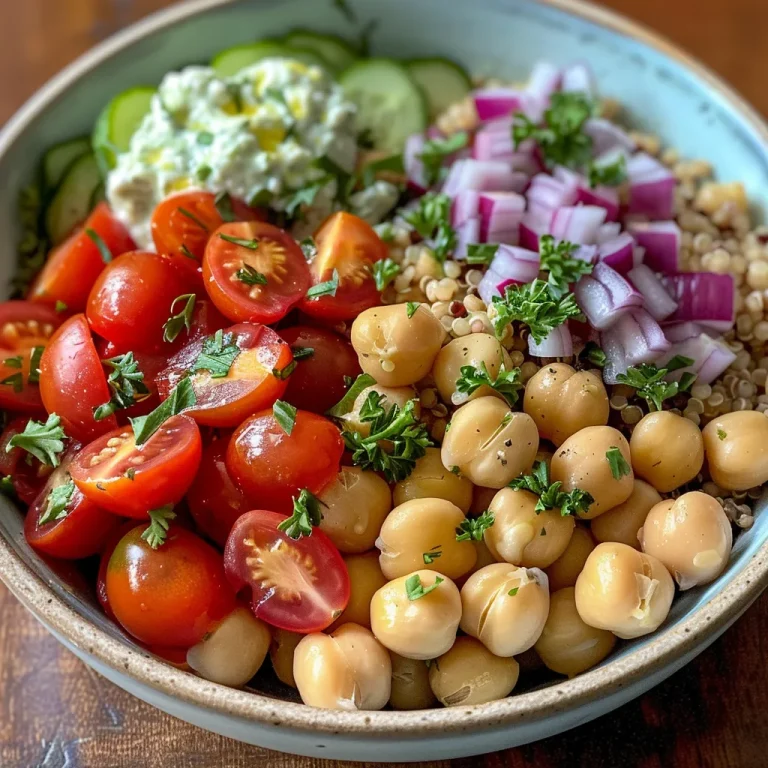 Deliciously Simple Mediterranean Chickpea Bowl: Your New Weeknight Hero A close-up view of a colorful Mediterranean chickpea bowl filled with fresh vegetables and tzatziki sauce.