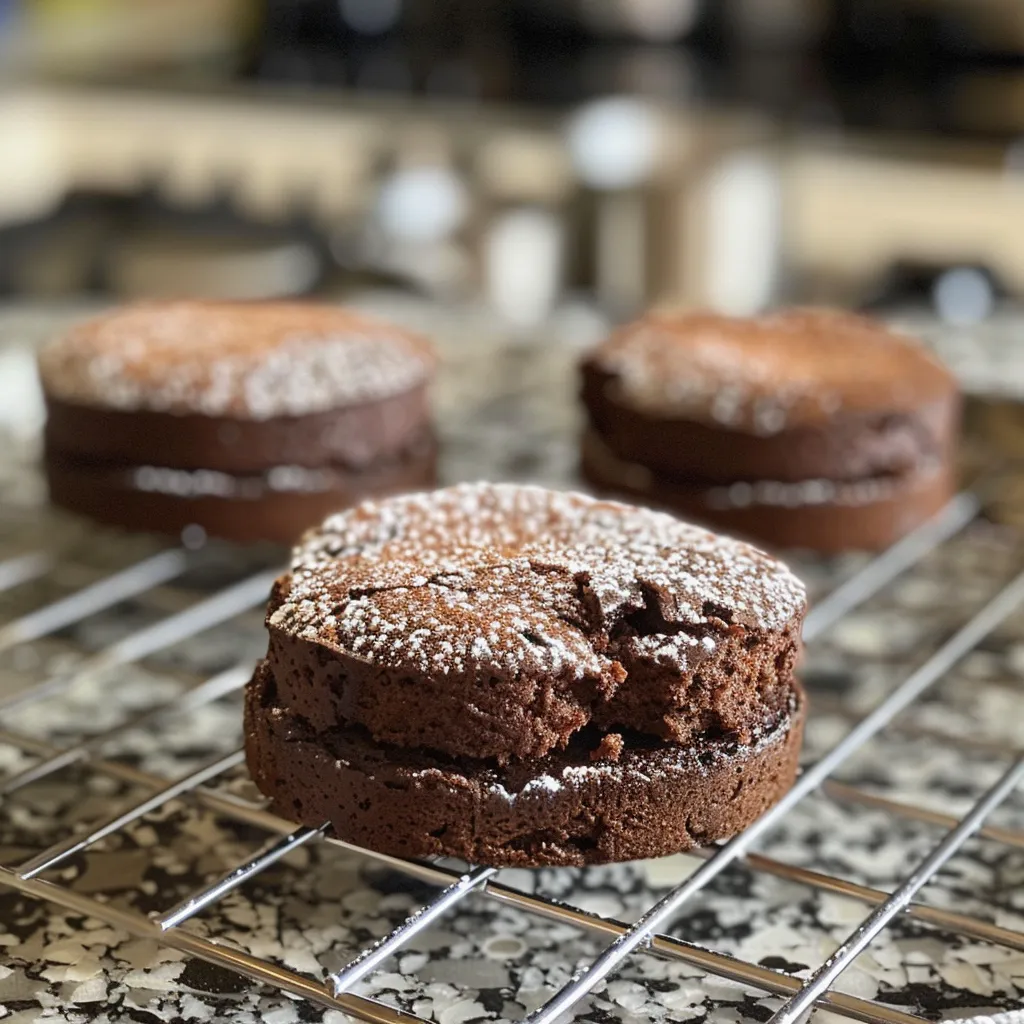 Side perspective of two decadent mini chocolate cakes with garnished berries and a glossy chocolate topping.